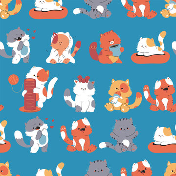 Funny cats vector vector cartoon seamless pattern background for wallpaper, wrapping, packing, and backdrop.