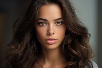 Fototapeta premium Beautiful Woman With Long Brown Hair, Natural Makeup