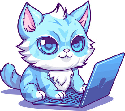 cute cat working on laptop cartoon