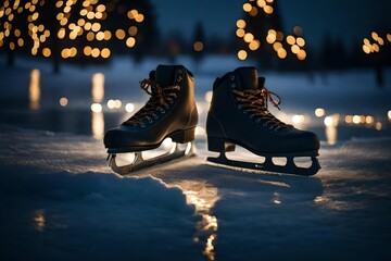A pair of ice skates on a frozen pond with twinkling Christmas lights strung up around the perimeter