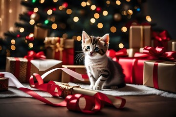 Fototapeta na wymiar A curious kitten playing with a ribbon and wrapping paper from Christmas presents scattered around
