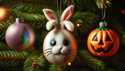 Fototapeta na wymiar holiday fusion on pine with bauble, easter bunny, and pumpkin symbolizing children's festive joy