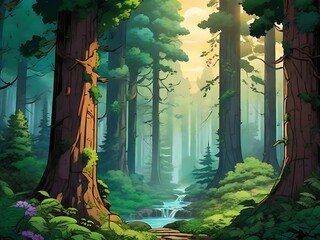 Enchanted forest with towering trees Comic Background generated By Ai
