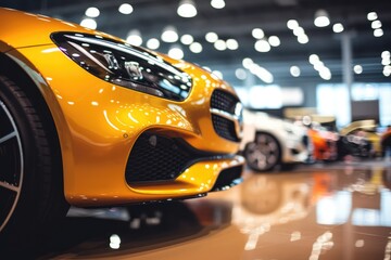Blurry Background Of Shiny New Cars In Luxurious Showroom - obrazy, fototapety, plakaty