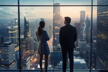 Fototapeta na wymiar Business Man And Woman Stand Amidst Cityscape In Skyscraper