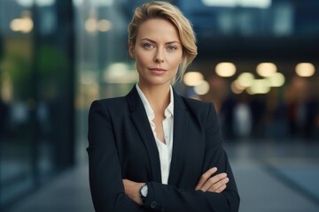 Businesswoman Standing Confident In Front Of Corporate Building