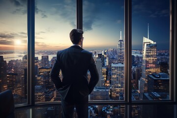 Fototapeta premium Businessman Looking Out Into City From Skyscraper Window