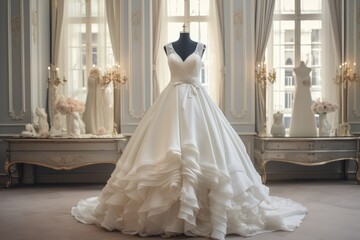 Fototapeta na wymiar Closeup Wedding Dress In Bridal Room Background Detailed View Of Wedding Dress Against Backdrop Of Bridal Room