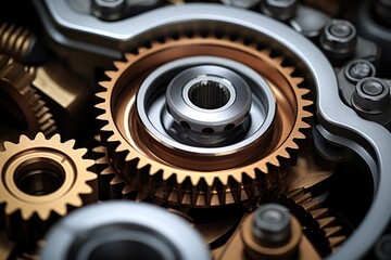 Detailed Closeup Of Metallic Gears And Auto Parts