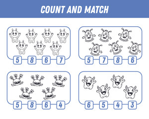 Education game for children count and match of cute cartoon monsters, printable worksheet. Vector