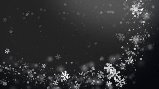Dark black background with snowfall and curved frame of white snowflakes and particles. Winter Christmas festive screensaver. Looped graphics. Copy space.