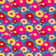 Seamless floral vector pattern. Surface design with bright flowers, leaves, isolated on a blue background.