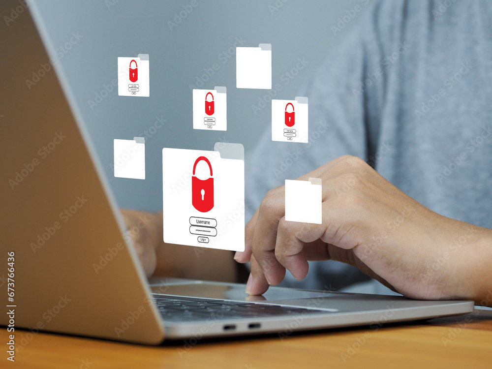 Poster folder document lock safety privacy of information, red padlock and username and password sign in bu