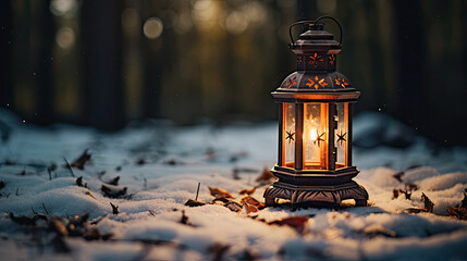 christmas lantern in the snow with copy space, Candle lantern under the snowy branches at dusk. Christmas time in a wintery garden. - obrazy, fototapety, plakaty