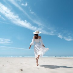 Fototapeta na wymiar A woman wearing a white dress is walking on the beach.