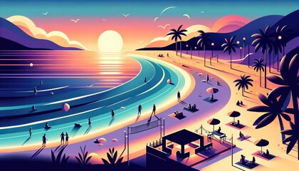 Tropical Sunset Beach with Vibrant Summer Activities Illustration