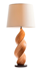 Modern table lamp with white shade and curved wooden base. Isolated on a transparent background.