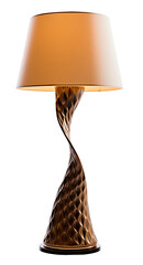 A contemporary table lamp with a light shade and a curved metal base. Isolated on a transparent background.