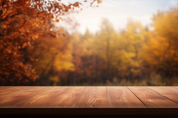 Naklejka na ściany i meble Wood table in autumn. Generative AI.