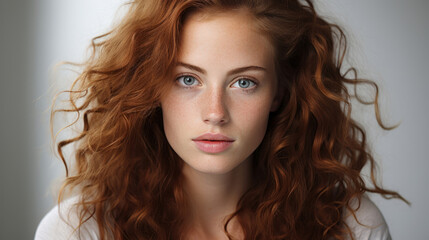Fototapeta premium Close-up portrait of model. Make-up, freckle skin. Natural light. Fashion, editorial concept.