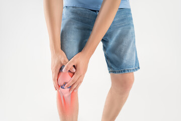 Knee pain, joint inflammation, bone fracture, man suffers from osteoarthritis, chiropractic...