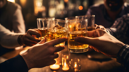 cheers glasses of whiskey in hands, for celebrating a friendly party or week ending in a bar or a restaurant. - obrazy, fototapety, plakaty