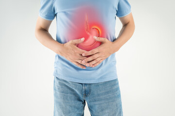 Stomach ulcer, man with abdominal pain suffers from abdomen disease, symptoms of gastritis,...
