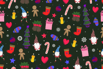 Christmas, seamless pattern, fir trees, gnomes, bells, snowflakes, cartoon cookie, Christmas stocking, candy cane, illustration, vector.