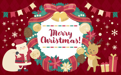 クリスマスリースのイラスト赤背景_横4