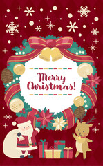 クリスマスリースのイラスト赤背景_縦1