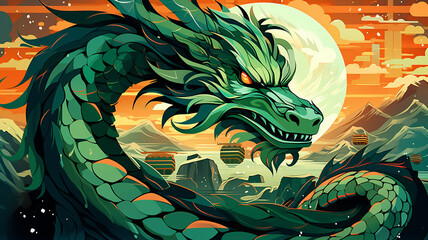 Green Chinese dragon against the backdrop of mountain landscape