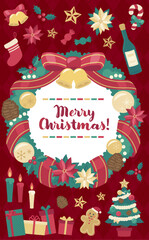 クリスマスリースのイラスト赤背景_縦5