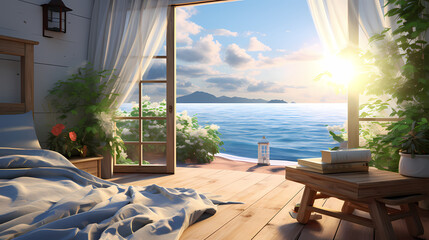 Fototapeta premium Outside there is the sea and blue sky, and this is the view from a very cozy bedroom