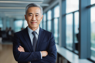 Senior asian business man smiling at the camera. Portrait of confident happy older man in a suit smiling at camera. Business concept, men at work.