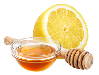 Lemon and honey isolated on white or transparent background. Natural remedy for cold, cough and...