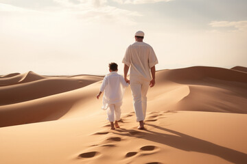 Fototapeta na wymiar Father And Son Wearing White Clothes Walking In The Desert Nomads Embracing The Desert Lifestyle Among Golden Sand Dunes