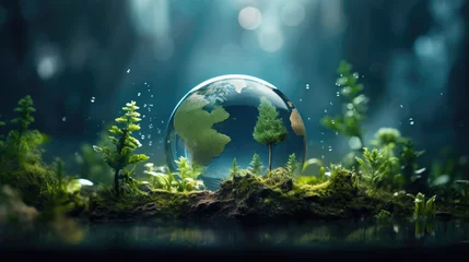 Fotobehang green natural conversation background concept for earth day april celebration with plant seed in the forest growing on the planet and water around it © Planetz