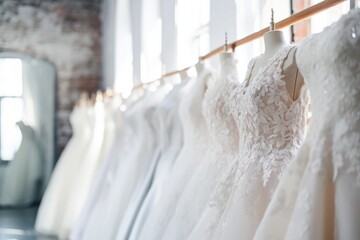 Graceful, Hanging White Wedding Dresses In Bridal Boutique