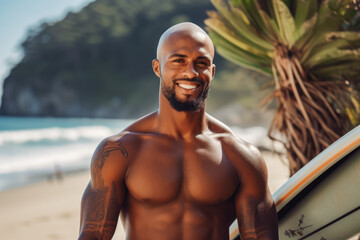 Black male surfer on the beach with surfboard in hand. Handsome male surfer smiling at camera, ready to go surfing. Summer at the beach, surfing - obrazy, fototapety, plakaty