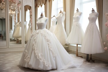 Fototapeta na wymiar Graceful, Hanging White Wedding Dresses In Bridal Boutique