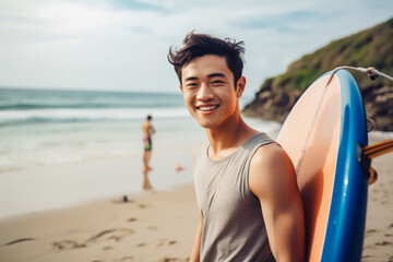 Chinese male surfer on the beach with surfboard in hand. Handsome male surfer smiling at camera, ready to go surfing. Summer at the beach, surfing - obrazy, fototapety, plakaty