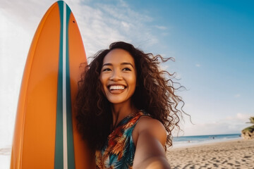 Happy filipino surfer on the beach with surfboard in hand. Beautiful female surfer smiling at camera, ready to go surf. Summer at the beach, surfing