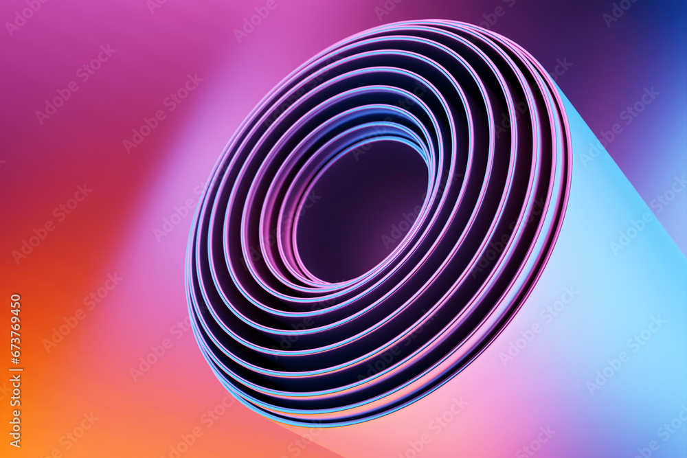 Poster 3d render geometric background. abstract colorful glowing pink cylinders. mockup with empty space fo