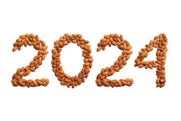 Calendar header number 2024 made of almonds on a white background. Happy New Year 2024 colorful background.