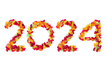 Calendar header number 2024 made from multi-colored jelly beans on a white background. Happy New Year 2024 colorful background.