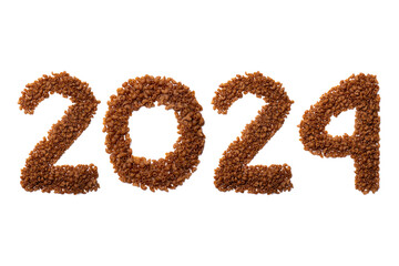 Calendar header number 2024 made of brown pasta on a white background. Happy New Year 2024 colorful background.