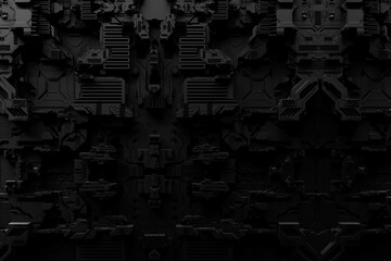 3d illustration of a realistic model of a robot or black cyber armor. Close-up equipment for mining crypto-bitcoin; ether. Video cards; motherboards