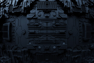 3d illustration of a pattern in the form of a metal, technological plating of a spaceship or a robot. Close up of the blue cyber armor