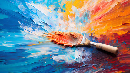 Obraz premium An extreme close-up of a painter’s brush as it glides across the canvas, blending vibrant colors to create the illusion of light in an impressionistic landscape painting
