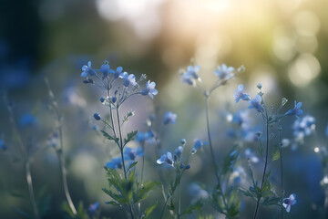 Beautiful blue wildflowers in nature outdoors. Floral summer spring background.